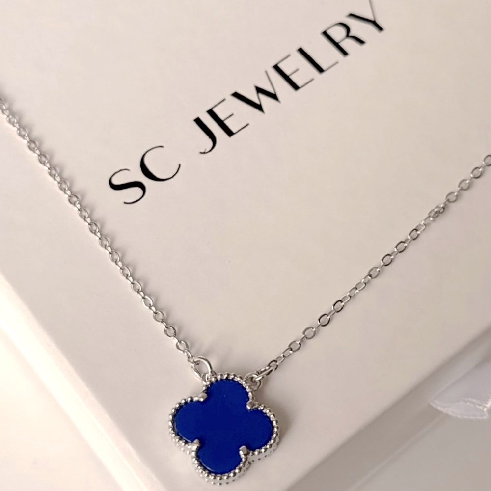 Royal Blue Clover Necklace Silver Tone Chain Double Sided